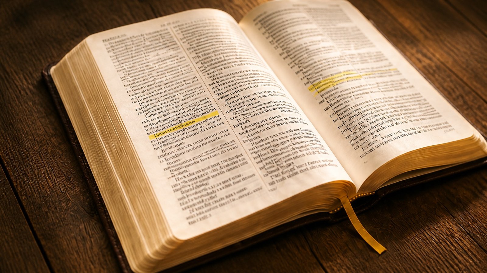 Highlighted Bible open on a dark wooden table