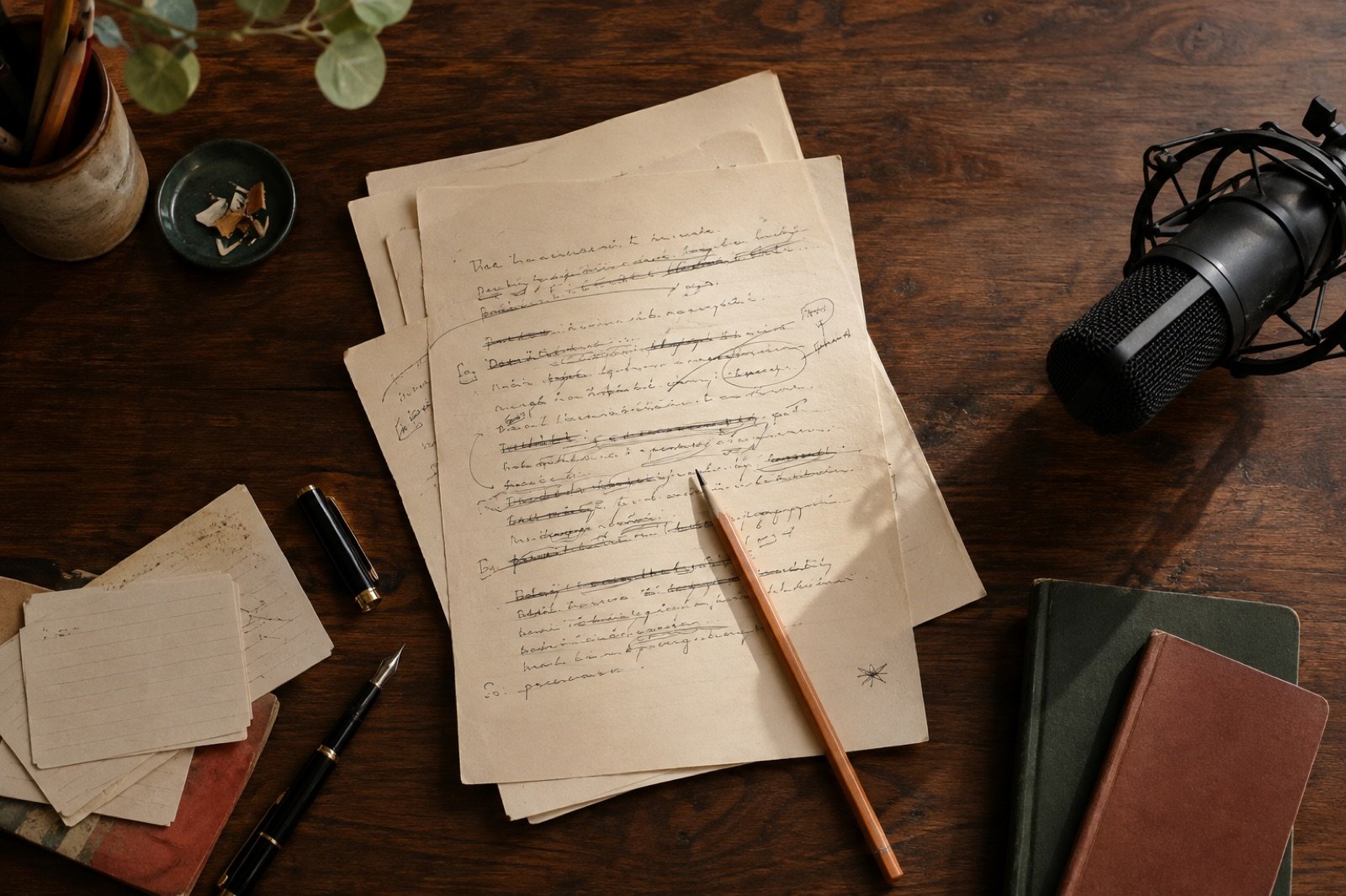 Poetry manuscript pages, pencils, and a studio microphone on a writer's desk