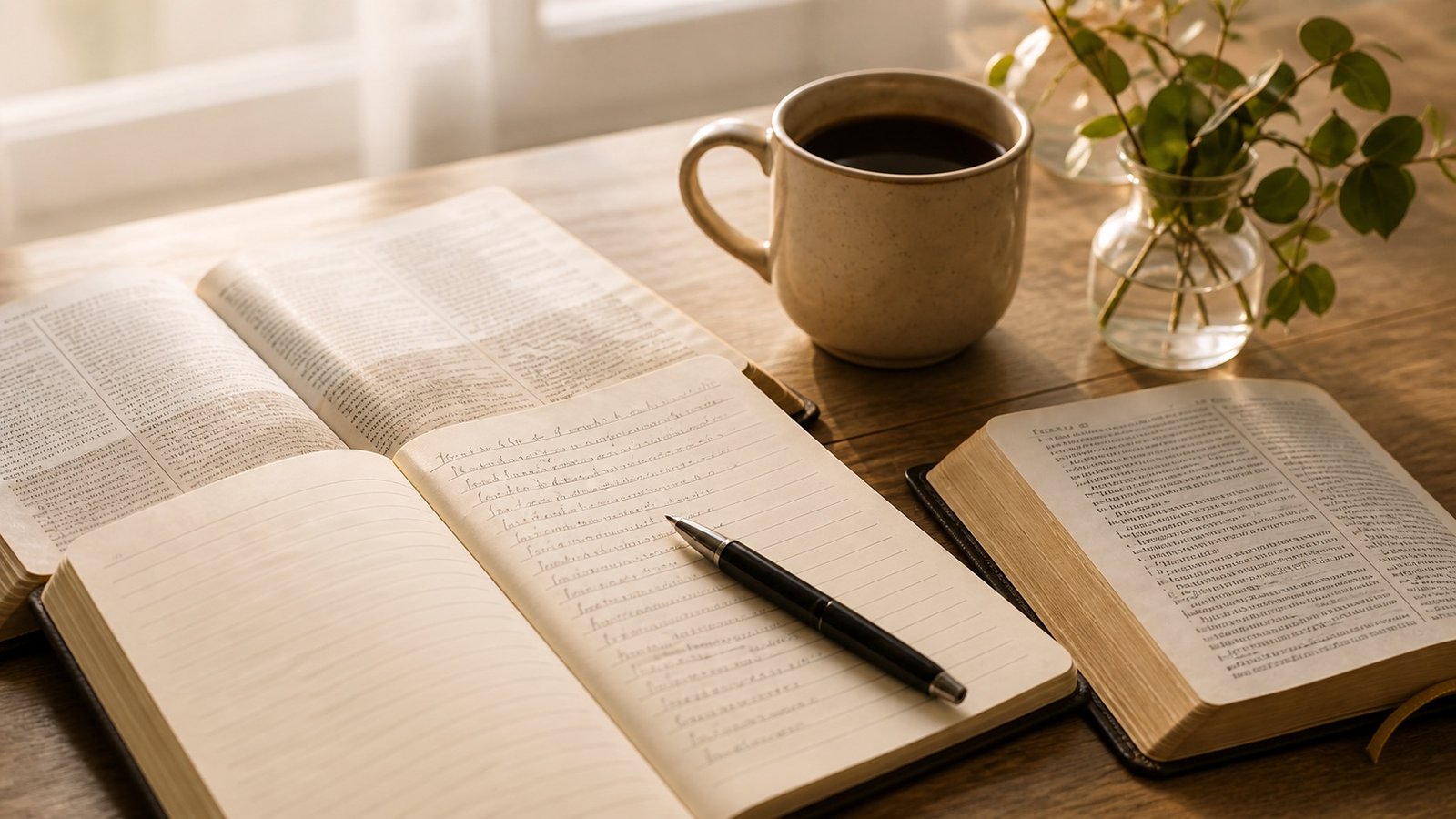 Open Bibles, prayer journal, coffee mug, and vase on a sunlit table